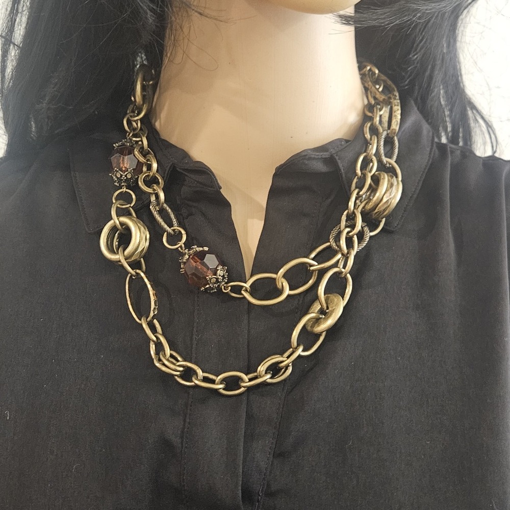 Antique Brass Tone Chunky Chain Link Double Strand Necklace